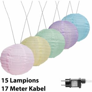 Amare LED-Lichterkette mit 15 XXL-Lampions Ø 15 cm mit Stecker Pastell 7 m