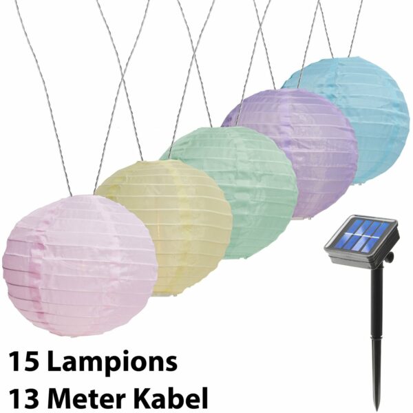 Amare LED-Lichterkette mit 15 XXL-Lampions Ø 15 cm Solarbetrieb Pastell 7 m